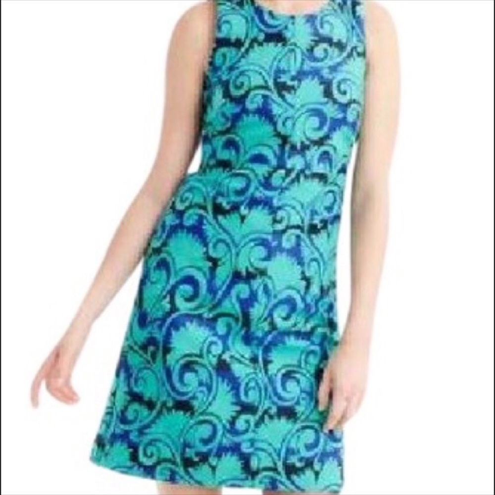 J. CREW Green Navy Vineyard Jacquard Print Dress